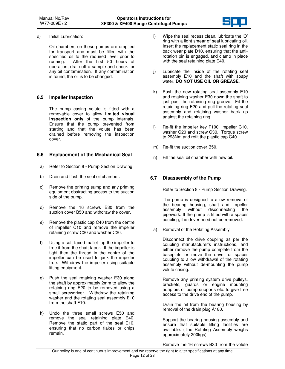 SPP Pumps Auto Prime - High Flow Range XF300 & 400 User Manual | Page 12 / 23