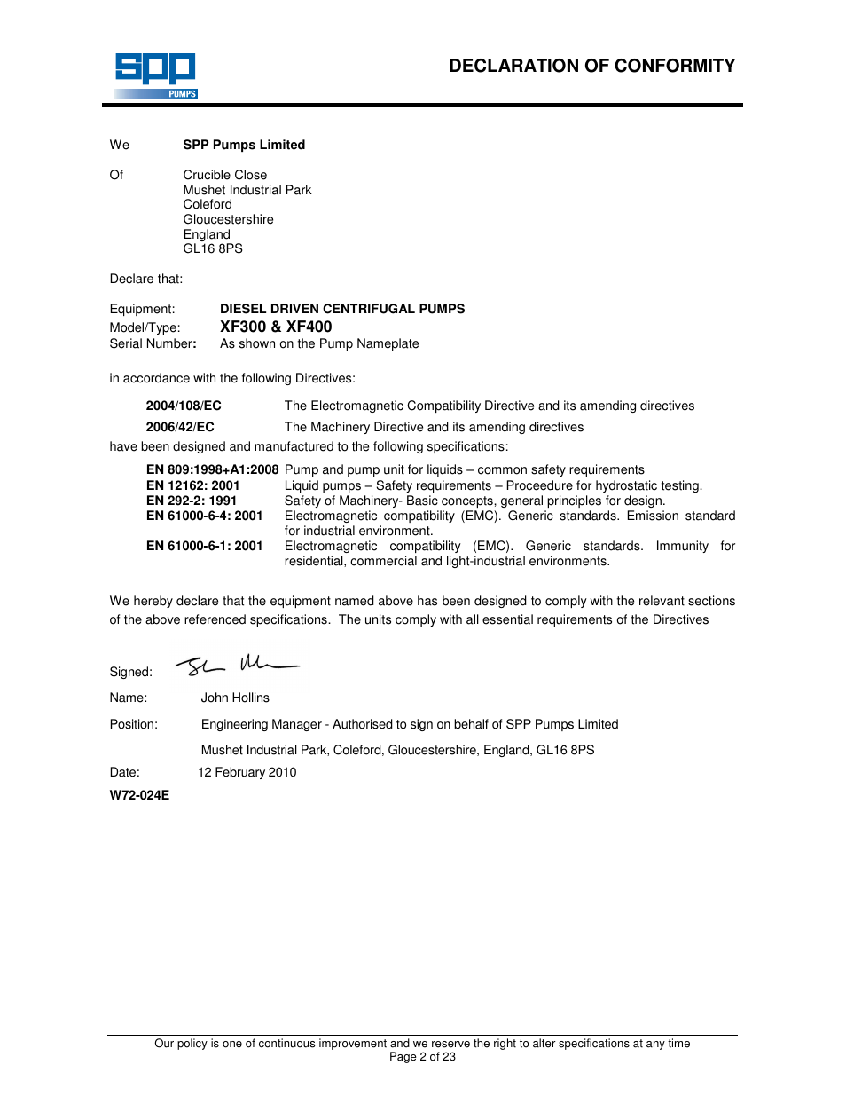 Declaration of conformity | SPP Pumps Auto Prime - High Flow Range XF300 & 400 User Manual | Page 2 / 23