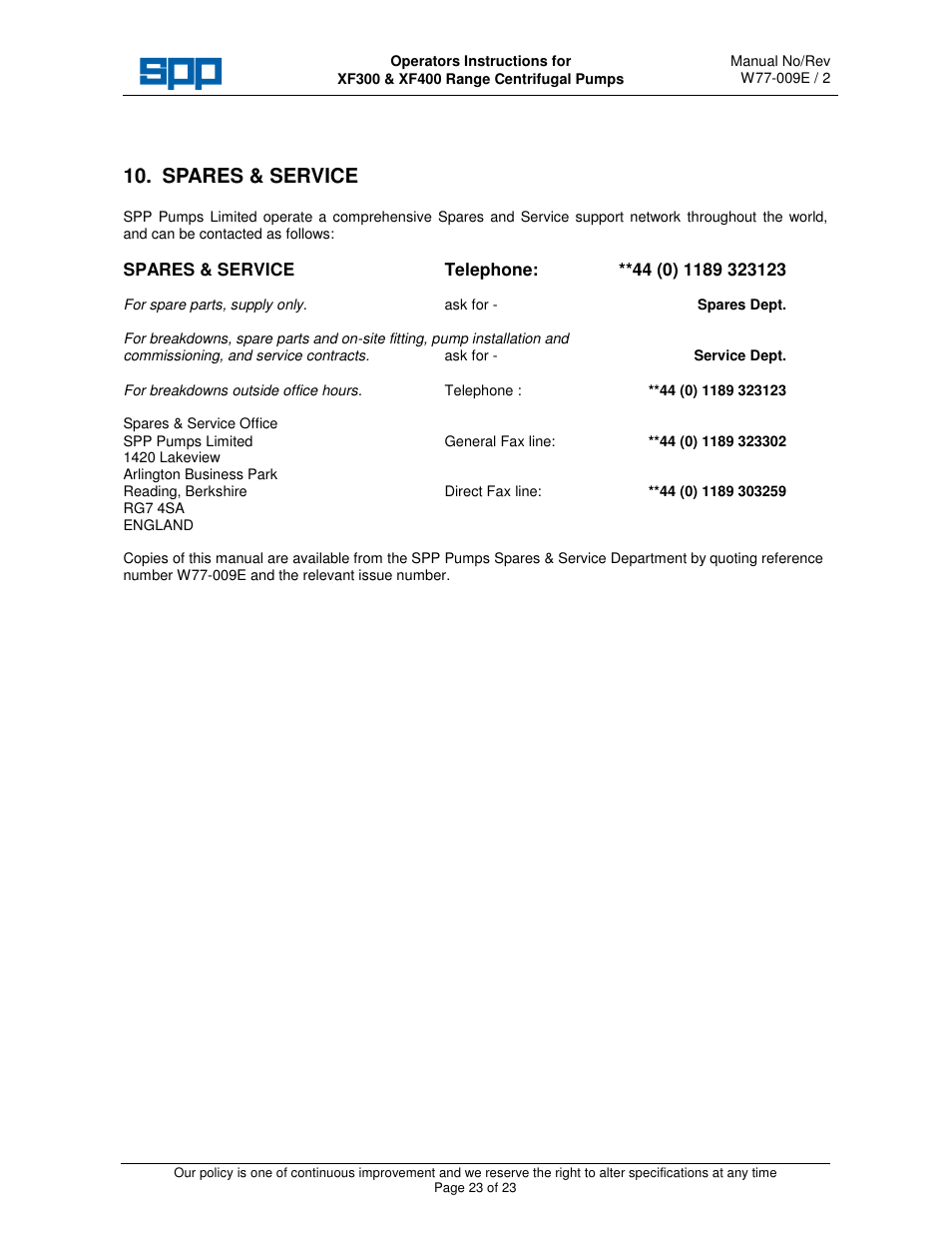 Spares & service | SPP Pumps Auto Prime - High Flow Range XF300 & 400 User Manual | Page 23 / 23