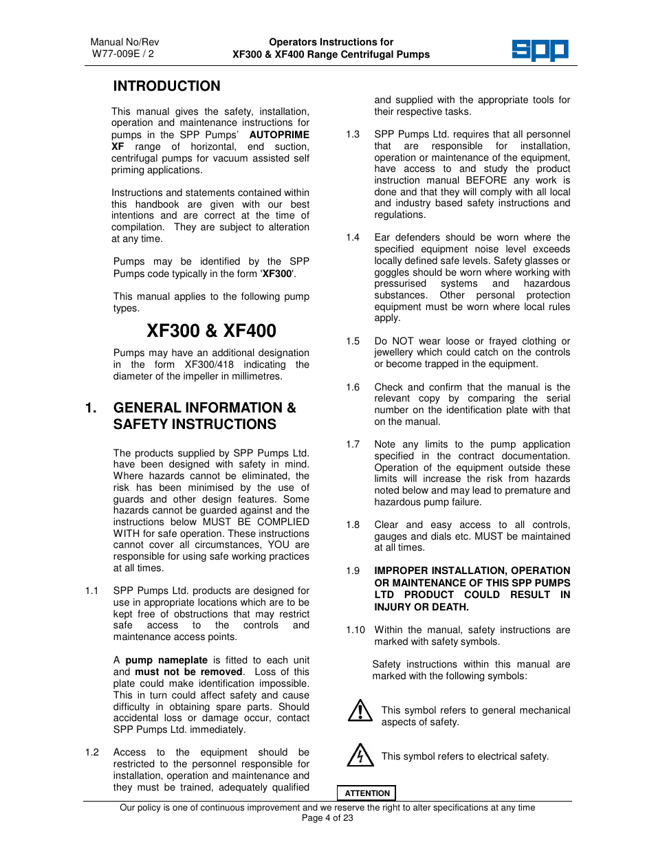 Introduction, General information & safety instructions | SPP Pumps Auto Prime - High Flow Range XF300 & 400 User Manual | Page 4 / 23