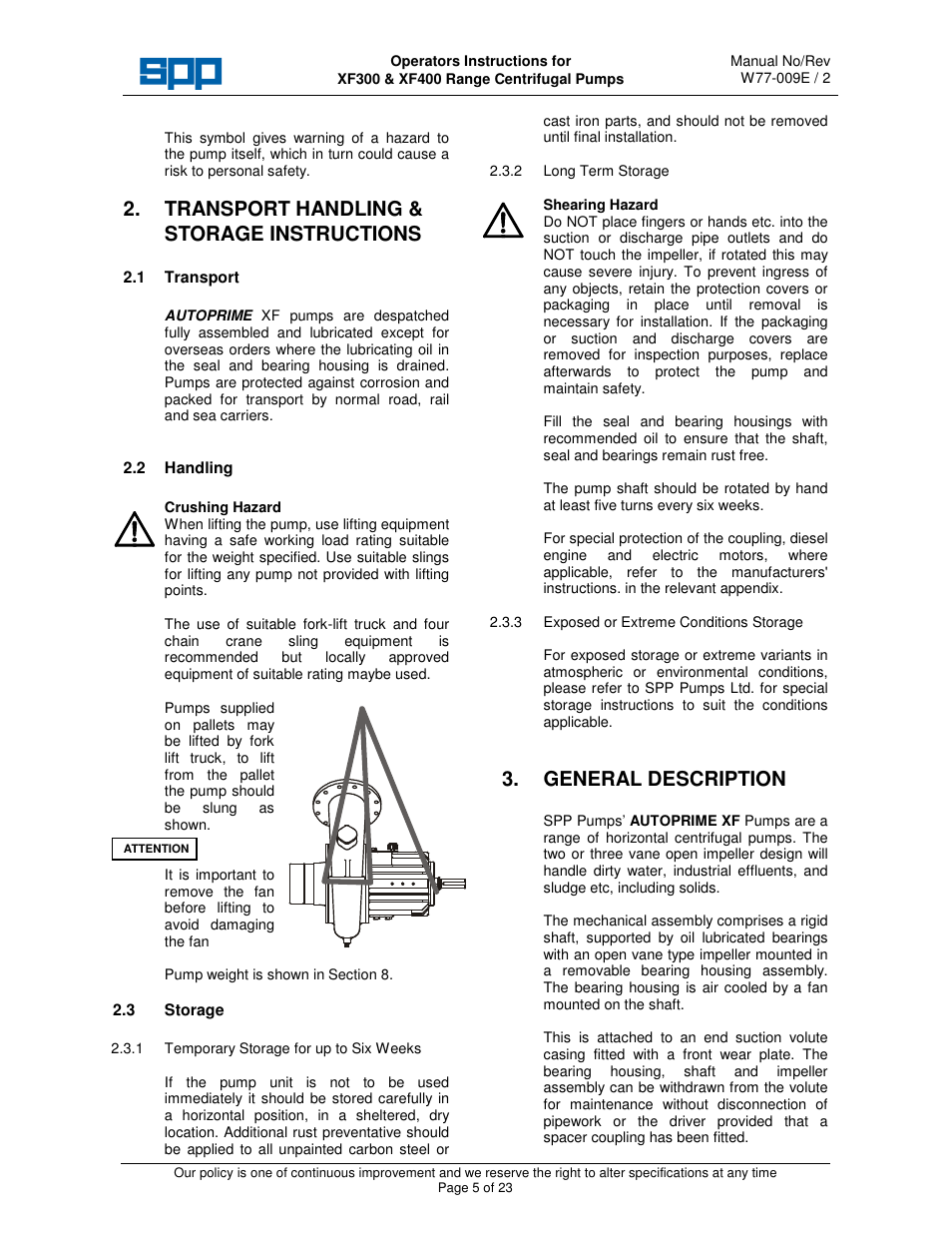 Transport handling & storage instructions, General description | SPP Pumps Auto Prime - High Flow Range XF300 & 400 User Manual | Page 5 / 23