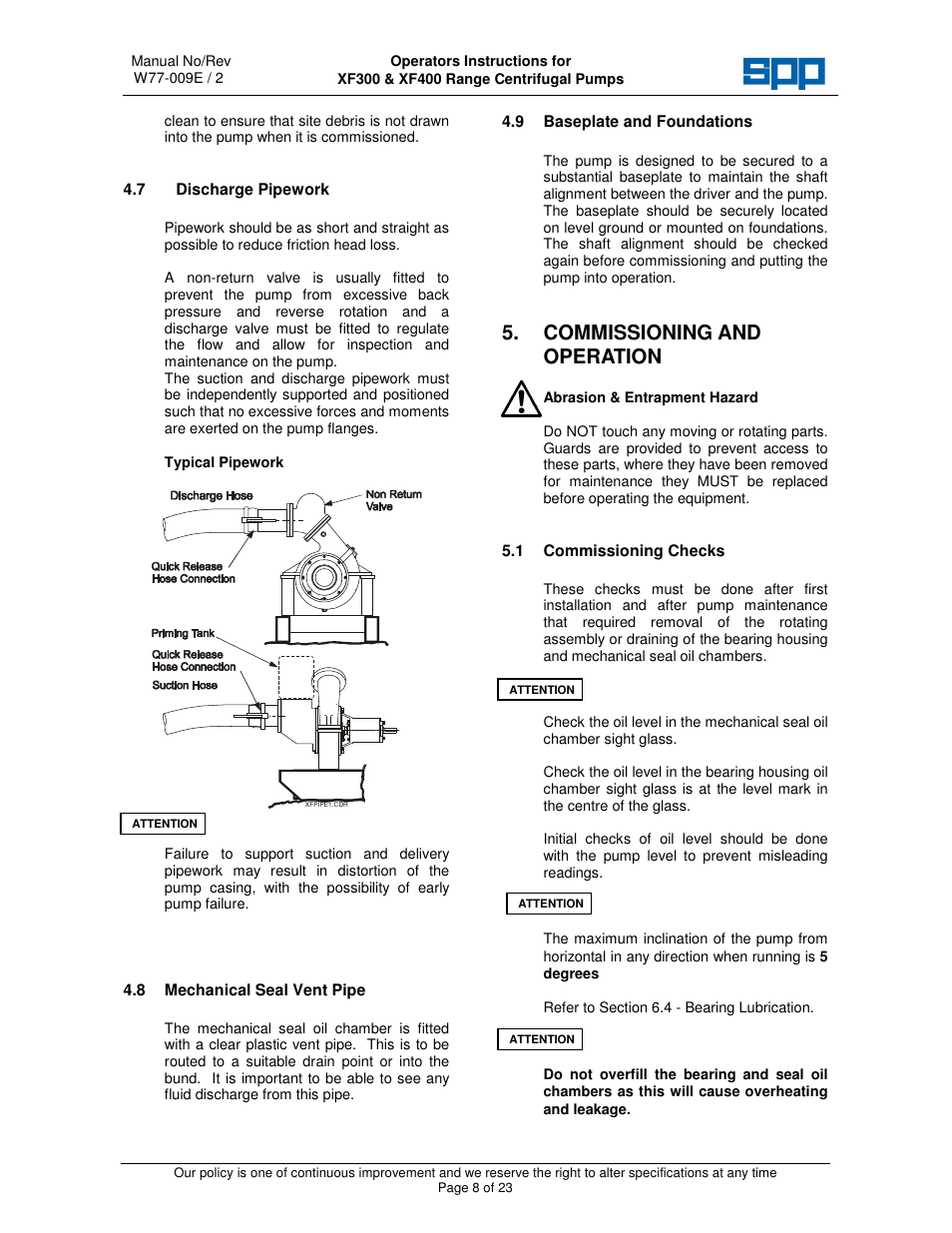 Commissioning and operation | SPP Pumps Auto Prime - High Flow Range XF300 & 400 User Manual | Page 8 / 23