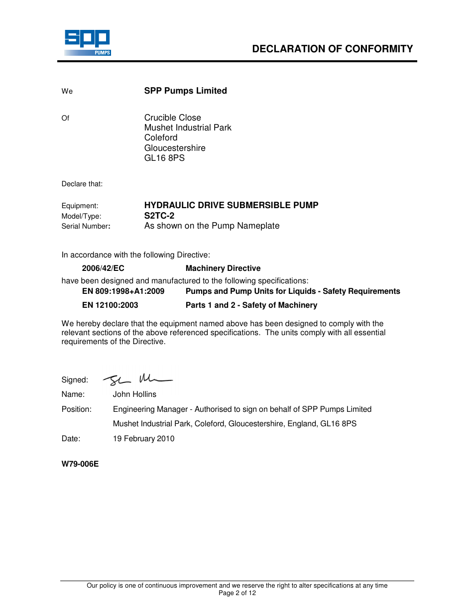 Declaration of conformity | SPP Pumps Auto Prime Hydraulic Submersibles - S2TC-2 User Manual | Page 2 / 12