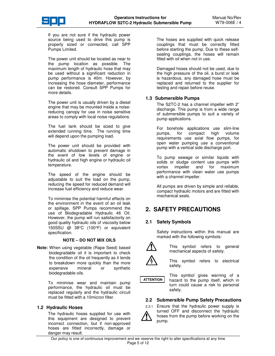 Safety precautions | SPP Pumps Auto Prime Hydraulic Submersibles - S2TC-2 User Manual | Page 5 / 12