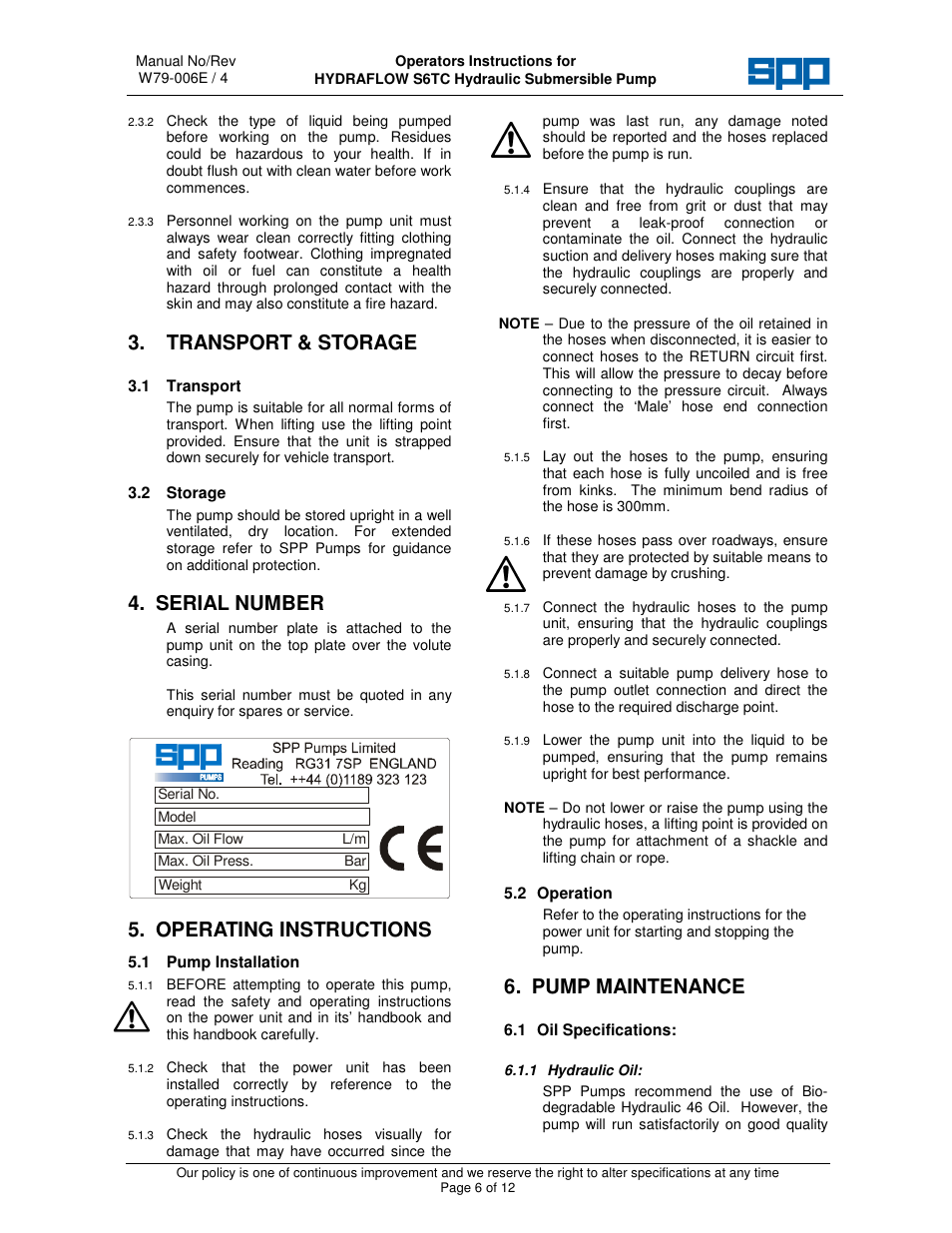 Transport & storage, Serial number, Operating instructions | Pump maintenance | SPP Pumps Auto Prime Hydraulic Submersibles - S2TC-2 User Manual | Page 6 / 12