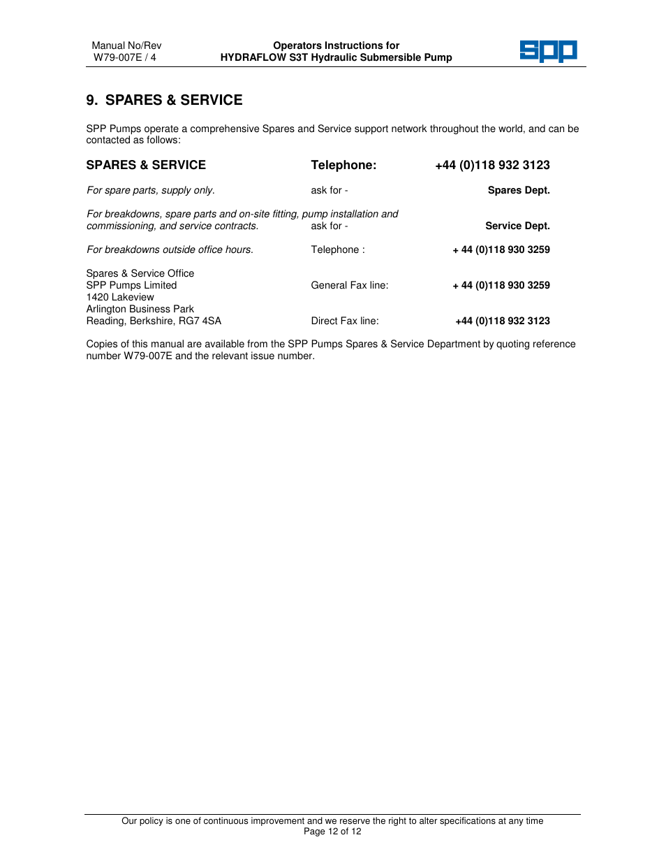 Spares & service | SPP Pumps Auto Prime Hydraulic Submersibles - S3T User Manual | Page 12 / 12