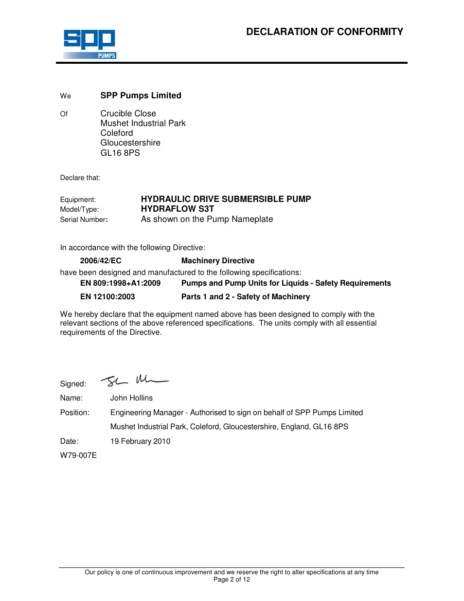 Declaration of conformity | SPP Pumps Auto Prime Hydraulic Submersibles - S3T User Manual | Page 2 / 12