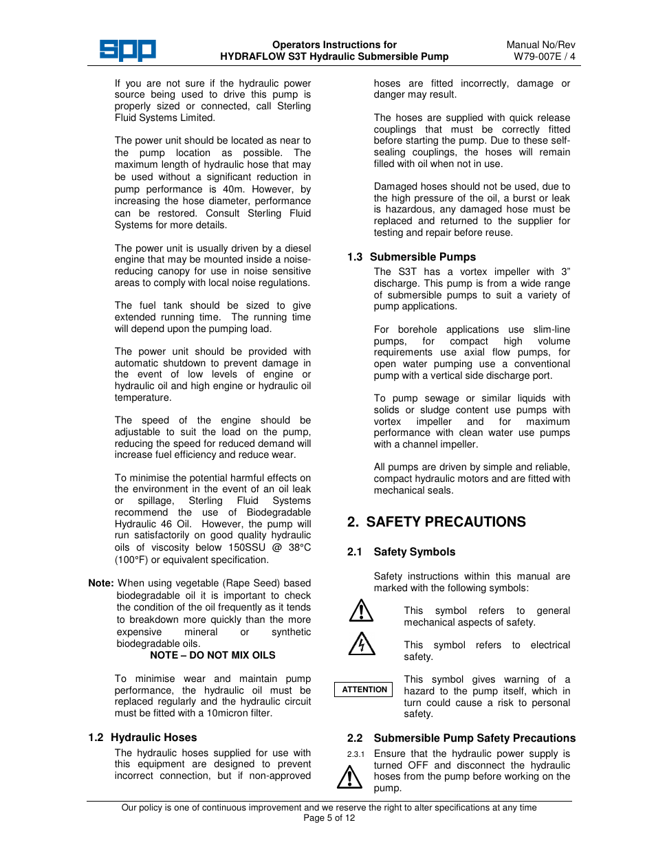 Safety precautions | SPP Pumps Auto Prime Hydraulic Submersibles - S3T User Manual | Page 5 / 12