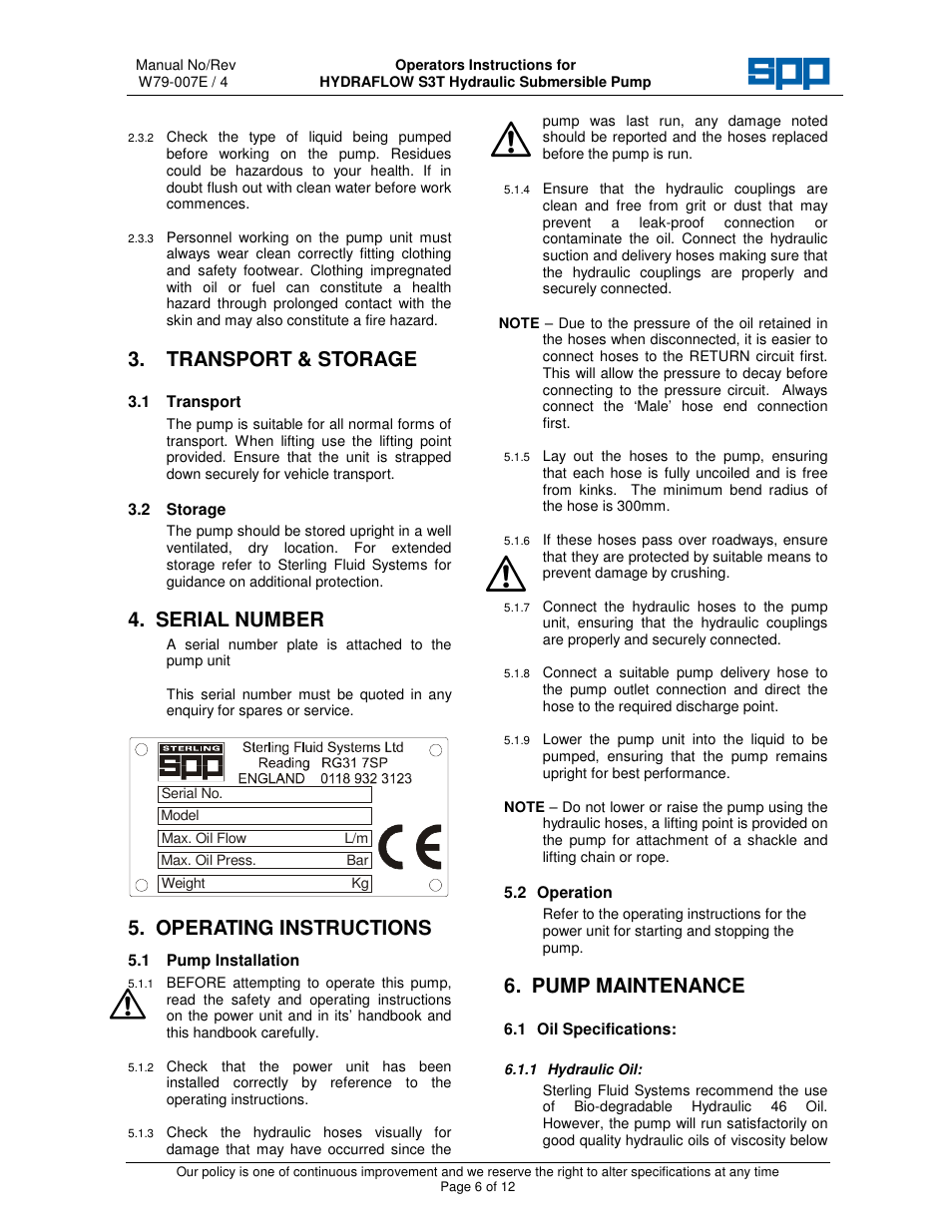 Transport & storage, Serial number, Operating instructions | Pump maintenance | SPP Pumps Auto Prime Hydraulic Submersibles - S3T User Manual | Page 6 / 12