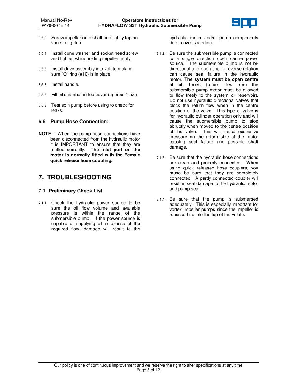 Troubleshooting | SPP Pumps Auto Prime Hydraulic Submersibles - S3T User Manual | Page 8 / 12