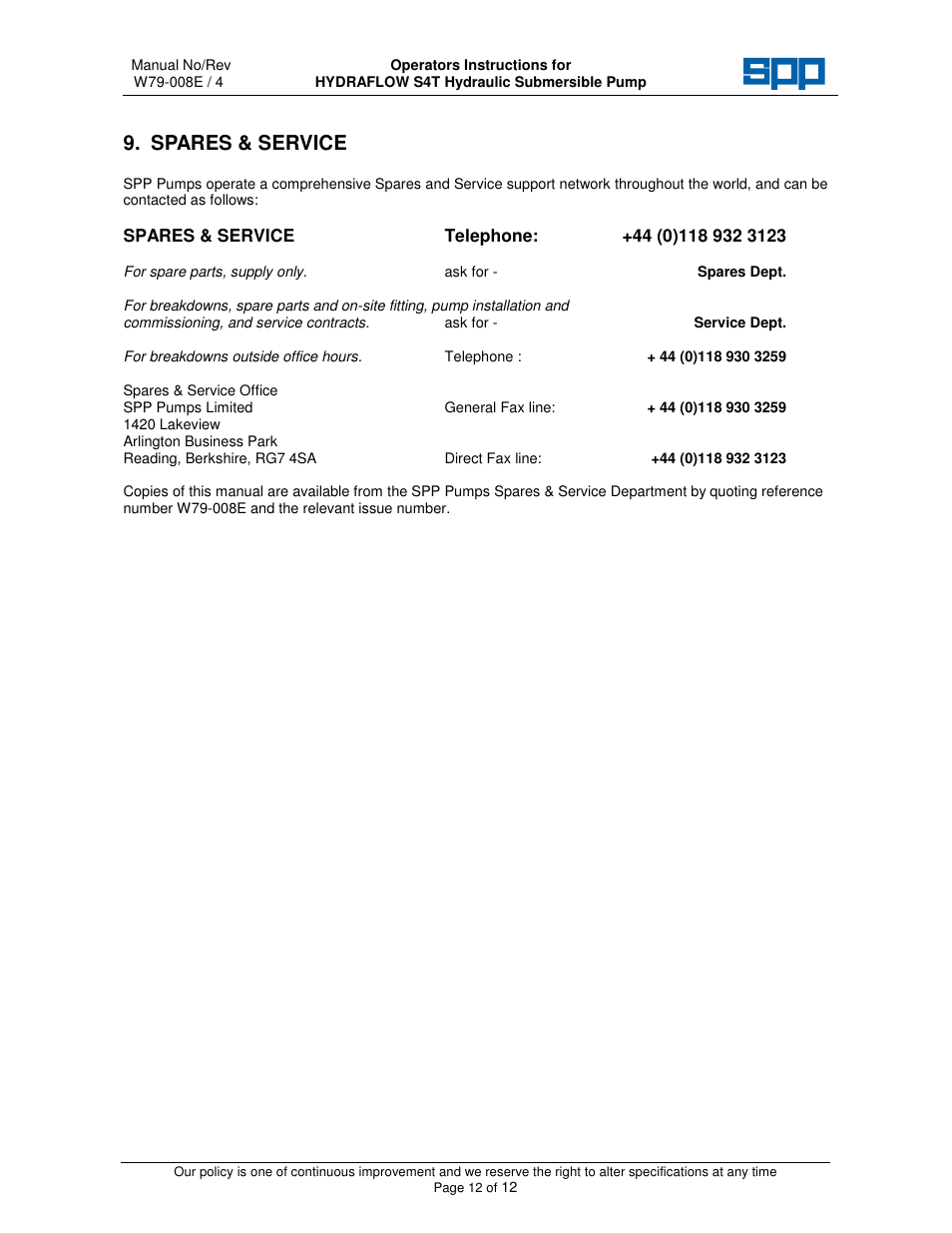 Spares & service | SPP Pumps Auto Prime Hydraulic Submersibles - S4T User Manual | Page 12 / 12