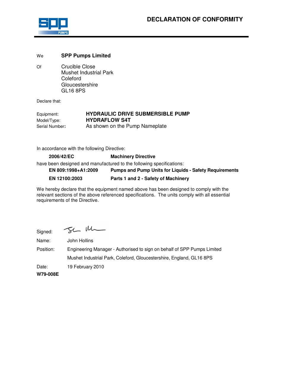 Declaration of conformity | SPP Pumps Auto Prime Hydraulic Submersibles - S4T User Manual | Page 2 / 12