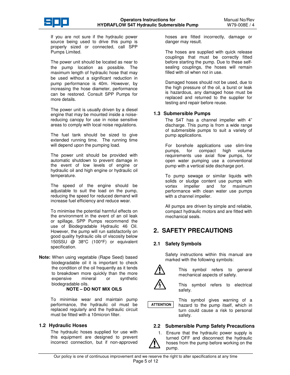 Safety precautions | SPP Pumps Auto Prime Hydraulic Submersibles - S4T User Manual | Page 5 / 12