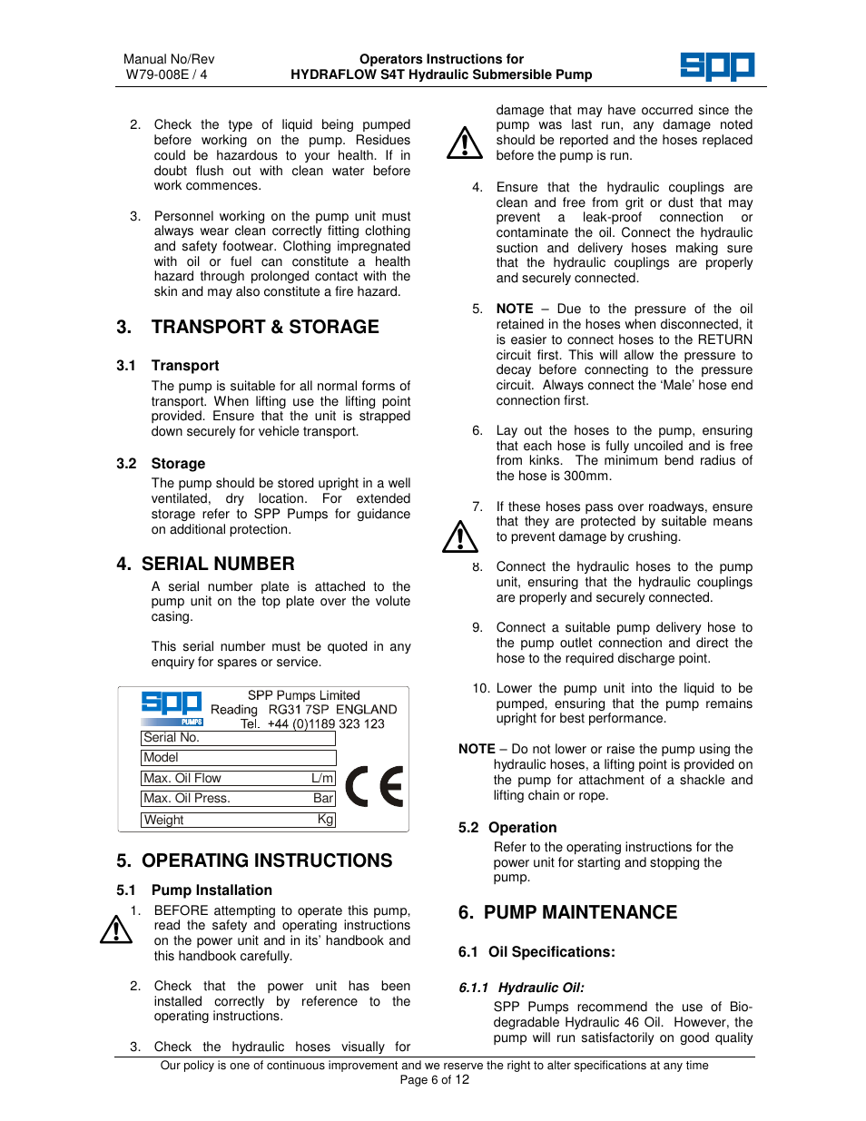 Transport & storage, Serial number, Operating instructions | Pump maintenance | SPP Pumps Auto Prime Hydraulic Submersibles - S4T User Manual | Page 6 / 12