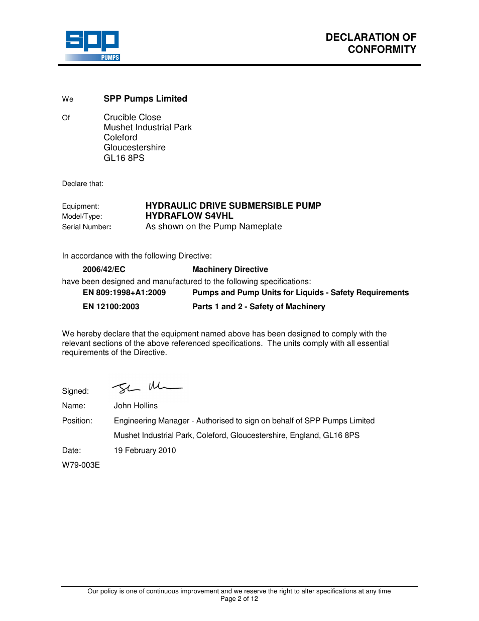 Declaration of conformity | SPP Pumps Auto Prime Hydraulic Submersibles - S4VHL User Manual | Page 2 / 12