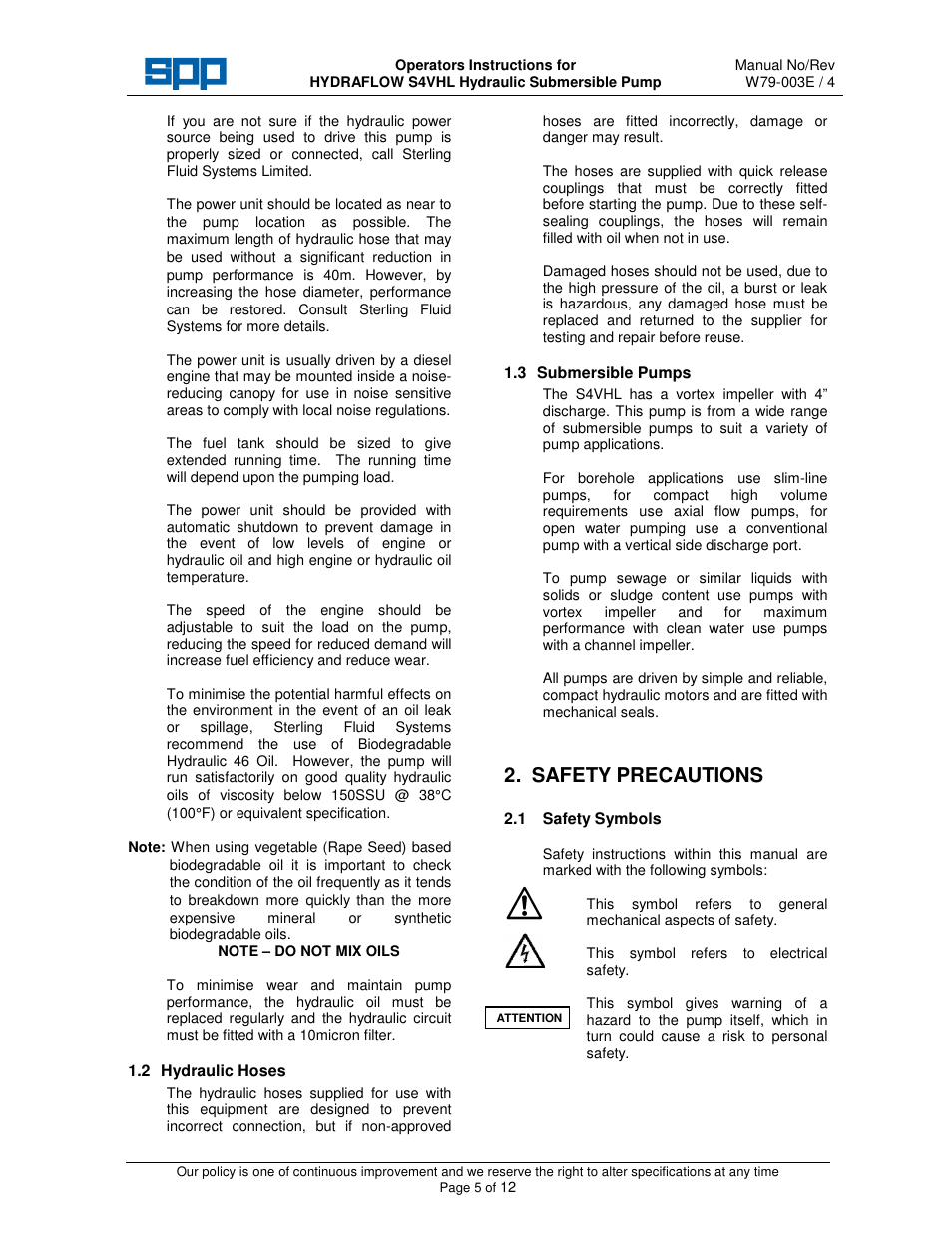 Safety precautions | SPP Pumps Auto Prime Hydraulic Submersibles - S4VHL User Manual | Page 5 / 12