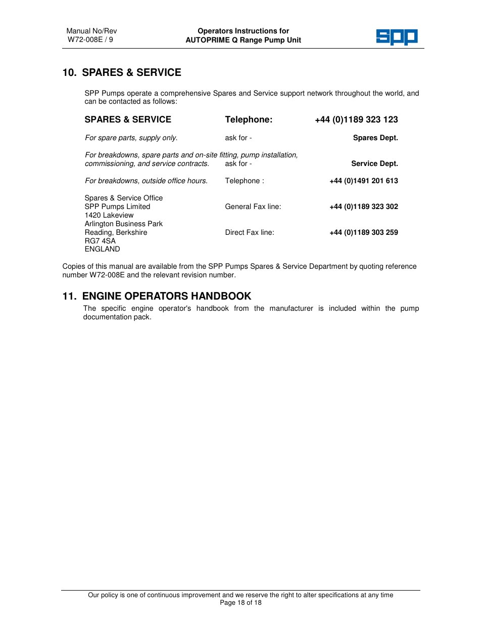 Spares & service, Engine operators handbook | SPP Pumps Auto Prime Q Series - QI200 User Manual | Page 18 / 18
