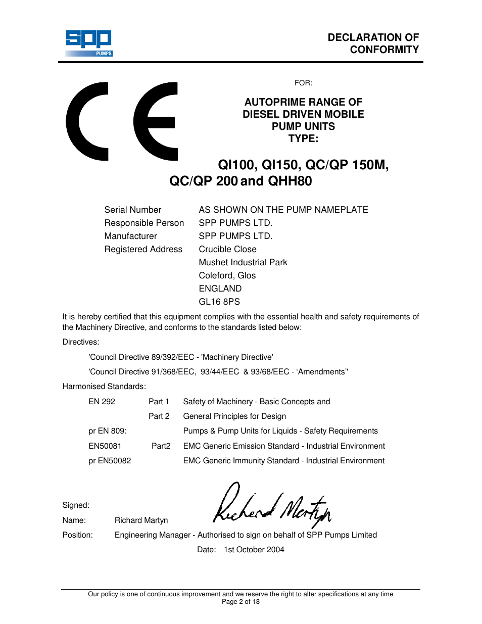 And qhh80 | SPP Pumps Auto Prime Q Series - QI200 User Manual | Page 2 / 18