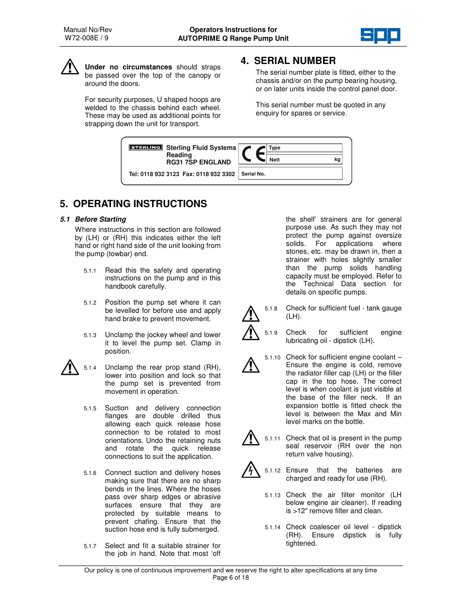 Serial number, Operating instructions | SPP Pumps Auto Prime Q Series - QI200 User Manual | Page 6 / 18