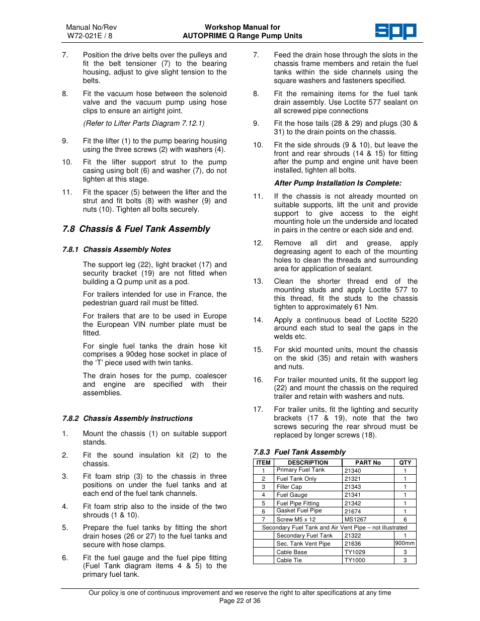 8 chassis & fuel tank assembly | SPP Pumps Auto Prime Q Series - Workshop Manual User Manual | Page 22 / 36