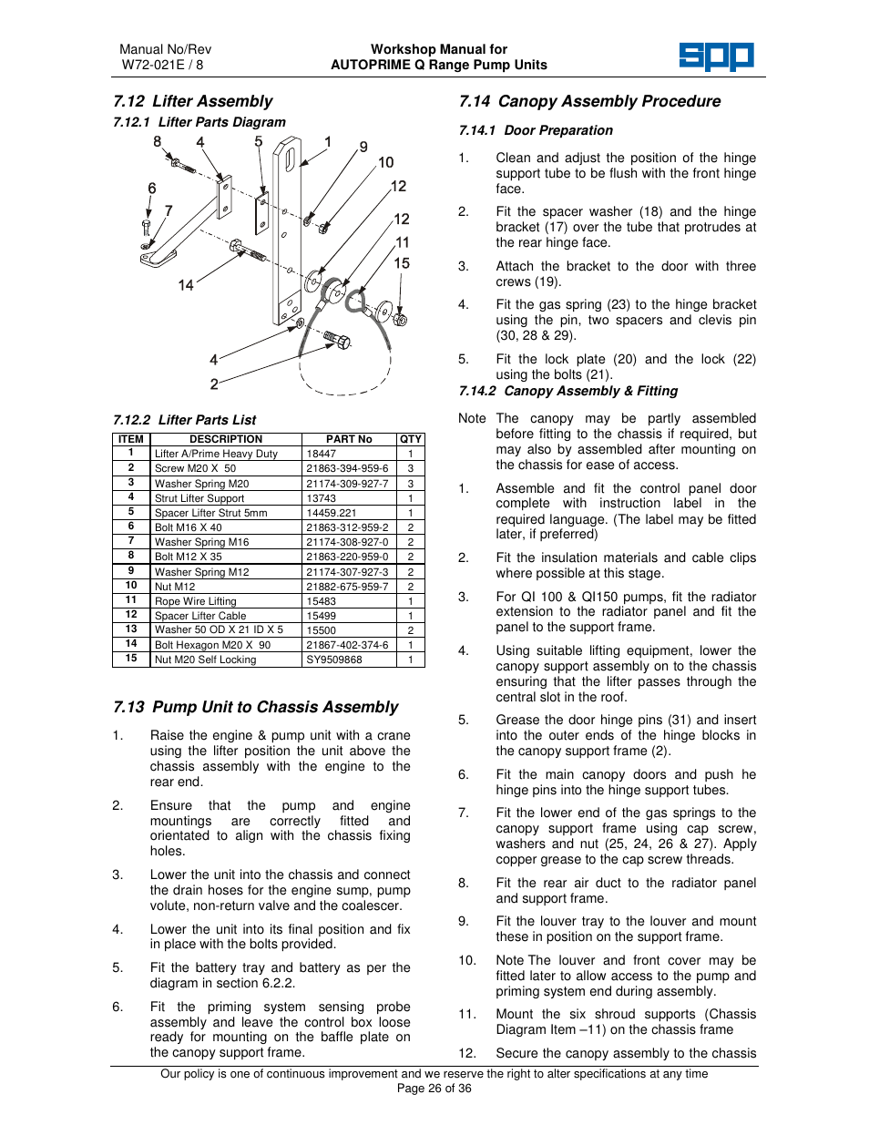 12 lifter assembly, 13 pump unit to chassis assembly, 14 canopy assembly procedure | SPP Pumps Auto Prime Q Series - Workshop Manual User Manual | Page 26 / 36