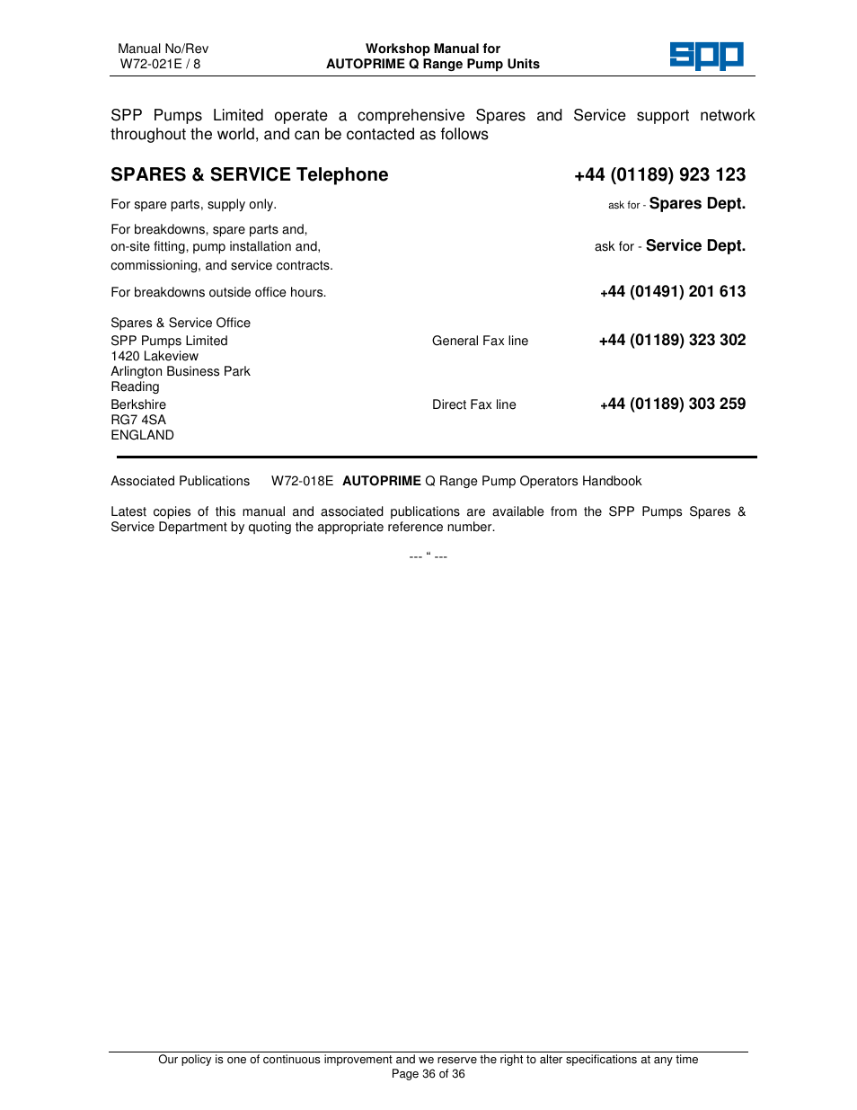 SPP Pumps Auto Prime Q Series - Workshop Manual User Manual | Page 36 / 36