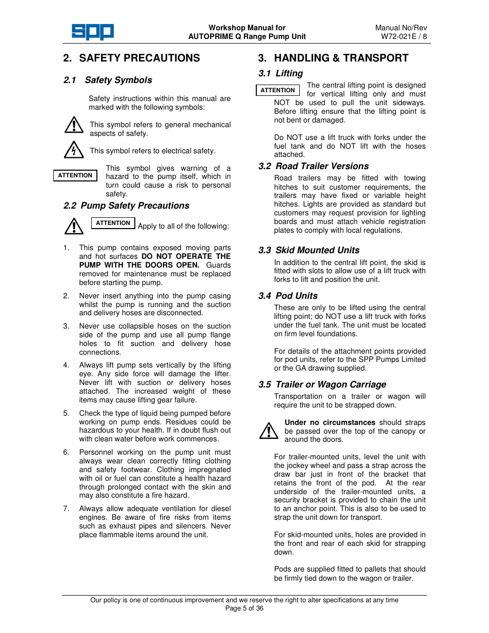 Safety precautions, Handling & transport | SPP Pumps Auto Prime Q Series - Workshop Manual User Manual | Page 5 / 36