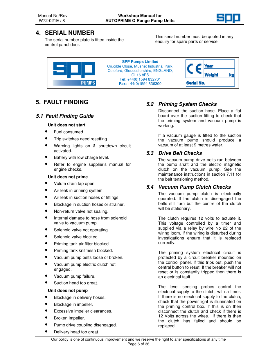 Serial number, Fault finding | SPP Pumps Auto Prime Q Series - Workshop Manual User Manual | Page 6 / 36