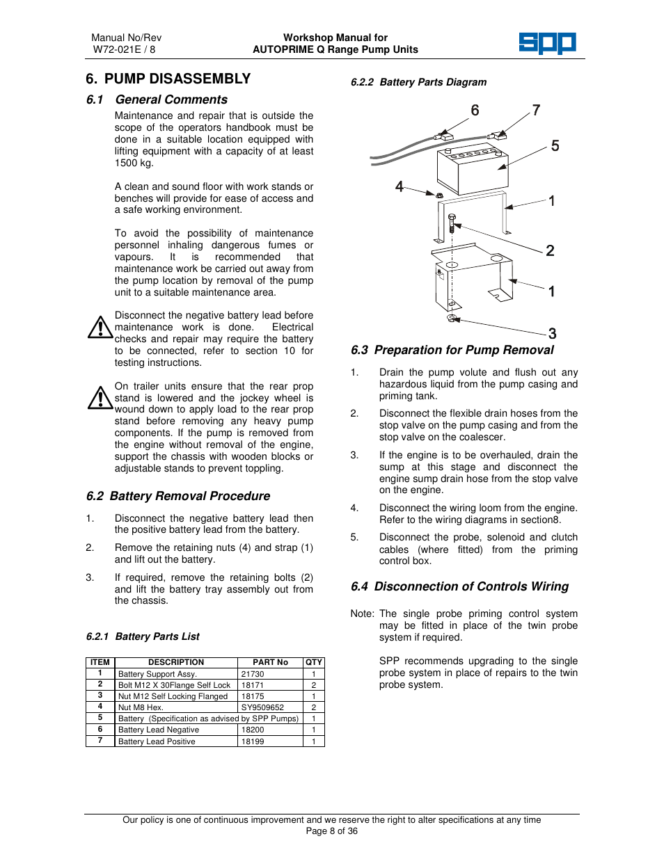 Pump disassembly, 1 general comments, 2 battery removal procedure | 3 preparation for pump removal, 4 disconnection of controls wiring | SPP Pumps Auto Prime Q Series - Workshop Manual User Manual | Page 8 / 36