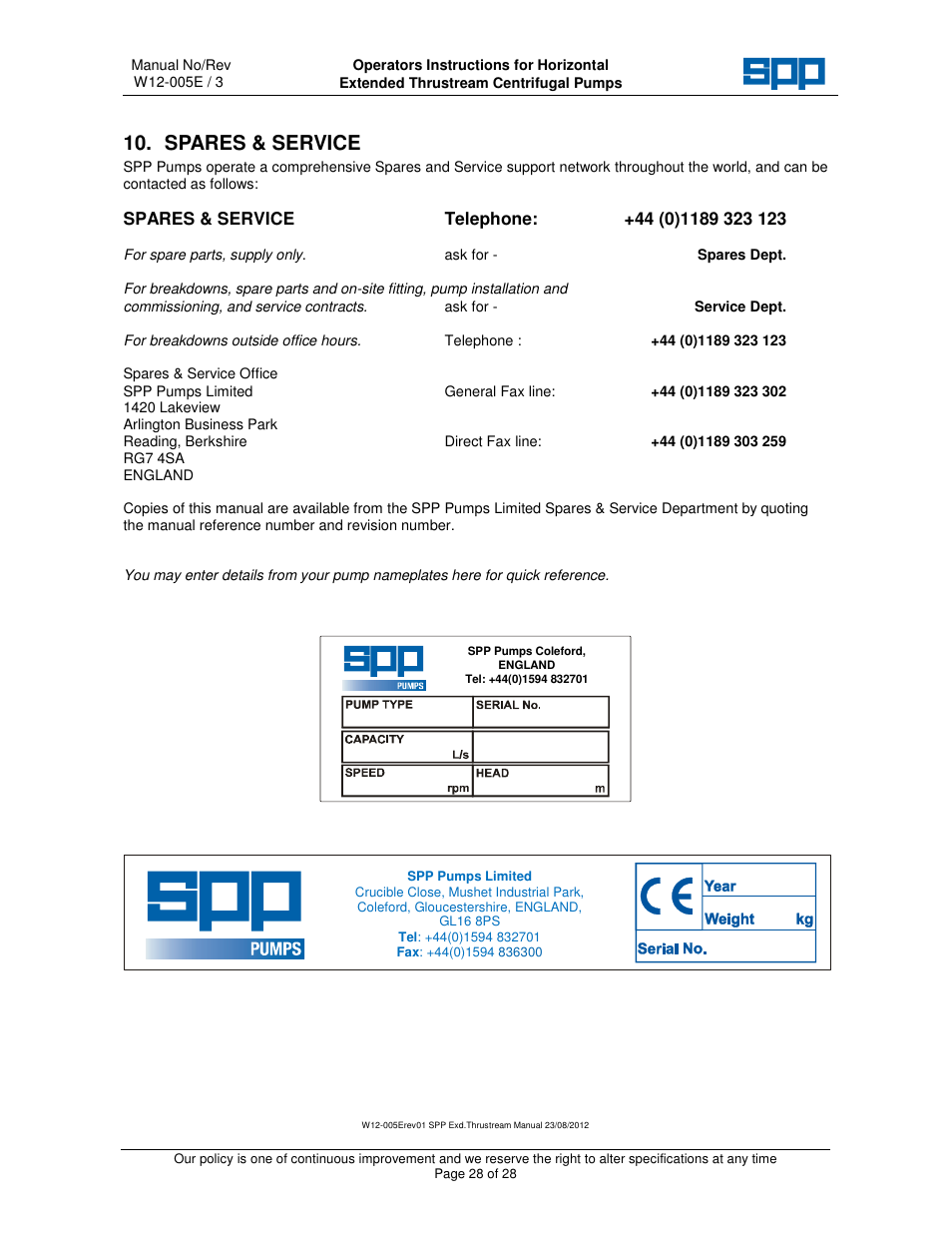 Spares & service | SPP Pumps Thrustream - Extended User Manual | Page 30 / 30