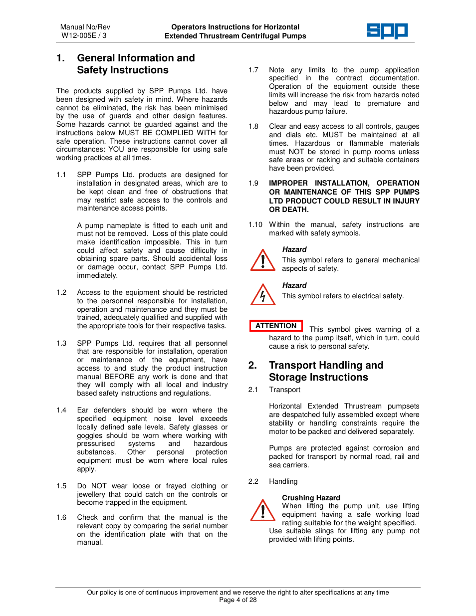 General information and safety instructions, Transport handling and storage instructions | SPP Pumps Thrustream - Extended User Manual | Page 6 / 30