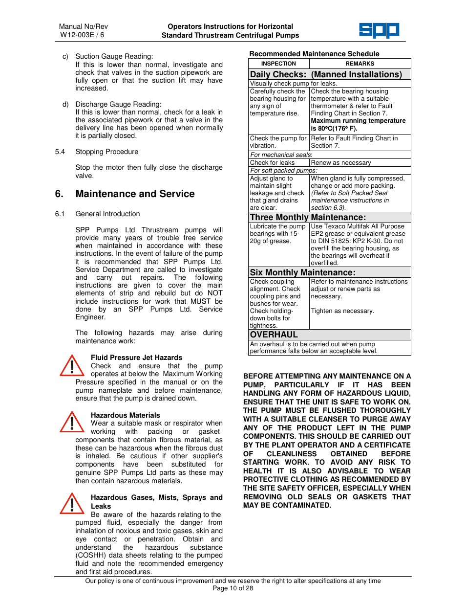 Maintenance and service | SPP Pumps Thrustream User Manual | Page 10 / 29