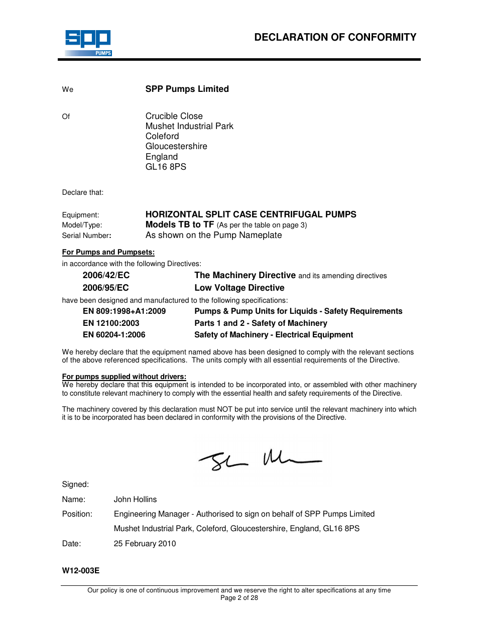 Declaration of conformity | SPP Pumps Thrustream User Manual | Page 2 / 29