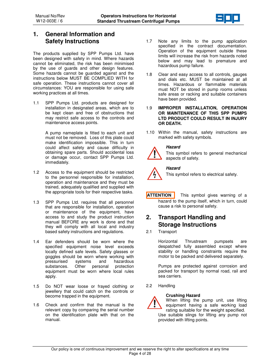 General information and safety instructions, Transport handling and storage instructions | SPP Pumps Thrustream User Manual | Page 4 / 29