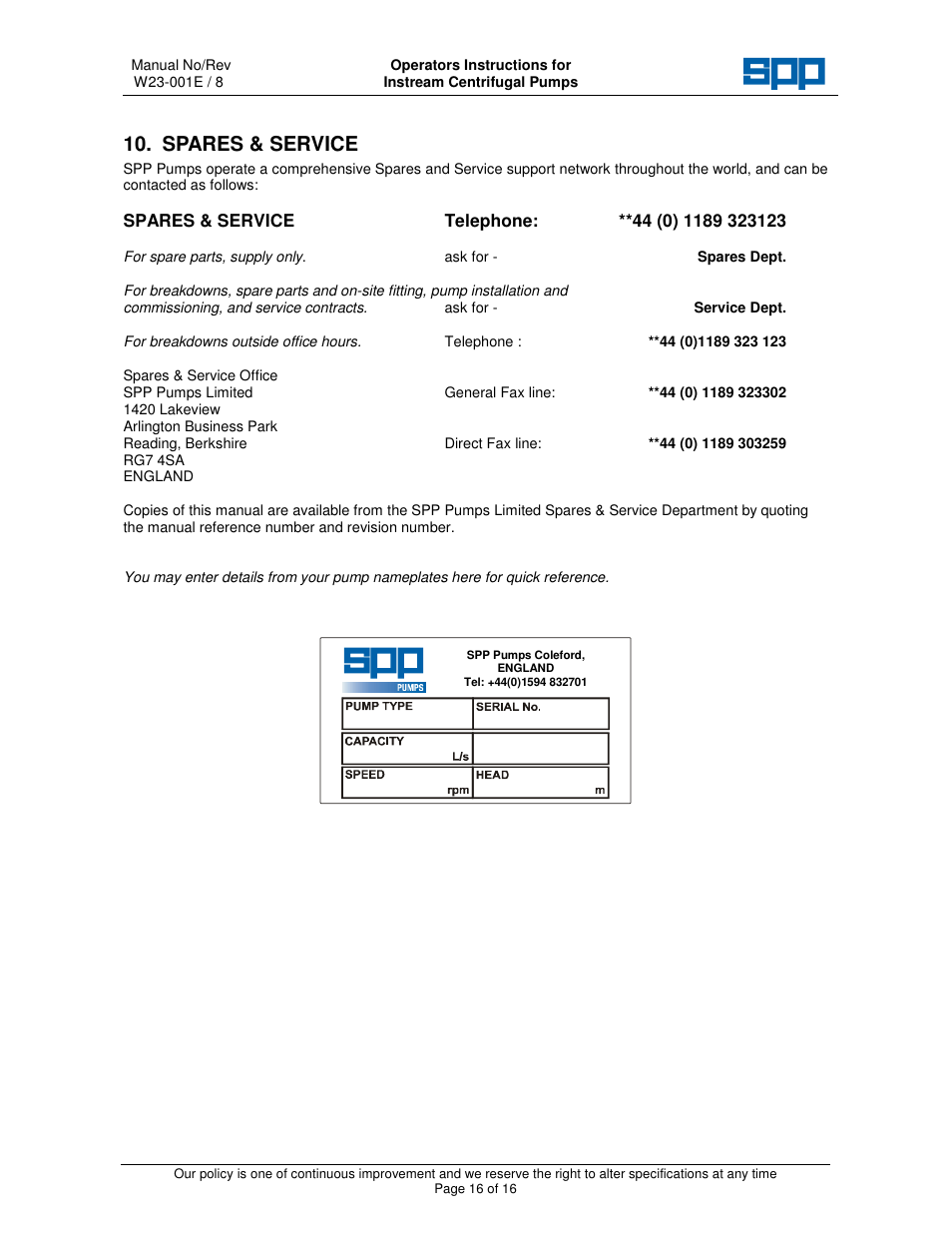 Spares & service | SPP Pumps Instream User Manual | Page 16 / 16