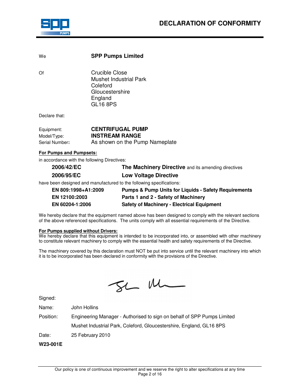 Declaration of conformity | SPP Pumps Instream User Manual | Page 2 / 16