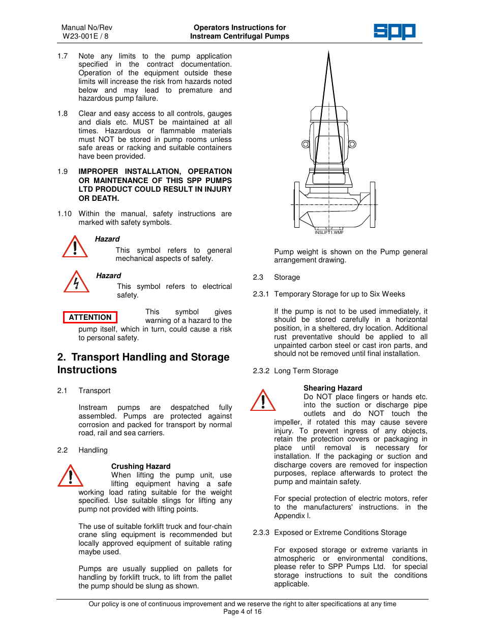 Transport handling and storage instructions | SPP Pumps Instream User Manual | Page 4 / 16