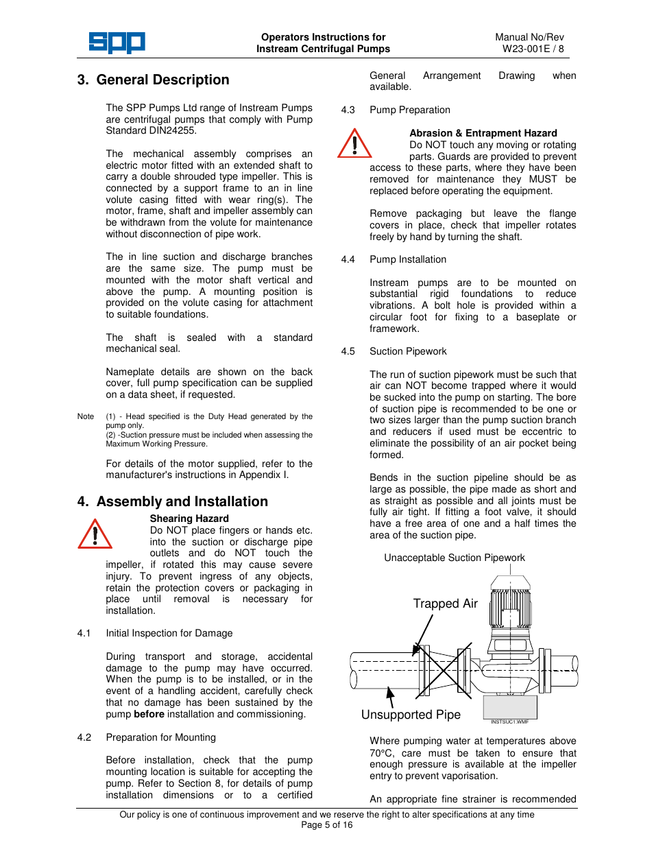 General description, Assembly and installation, Trapped air unsupported pipe | SPP Pumps Instream User Manual | Page 5 / 16