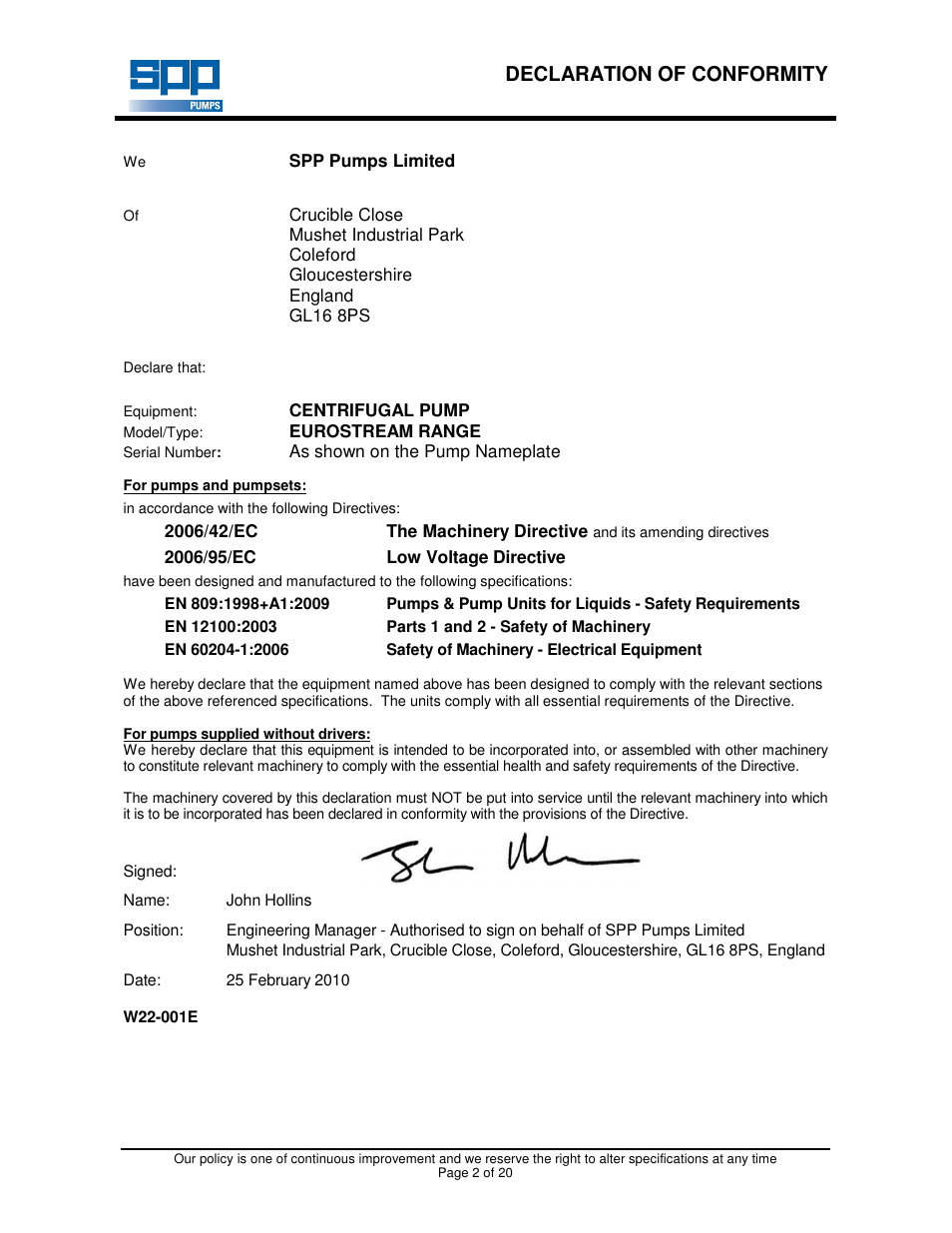 Declaration of conformity | SPP Pumps Eurostream User Manual | Page 2 / 20