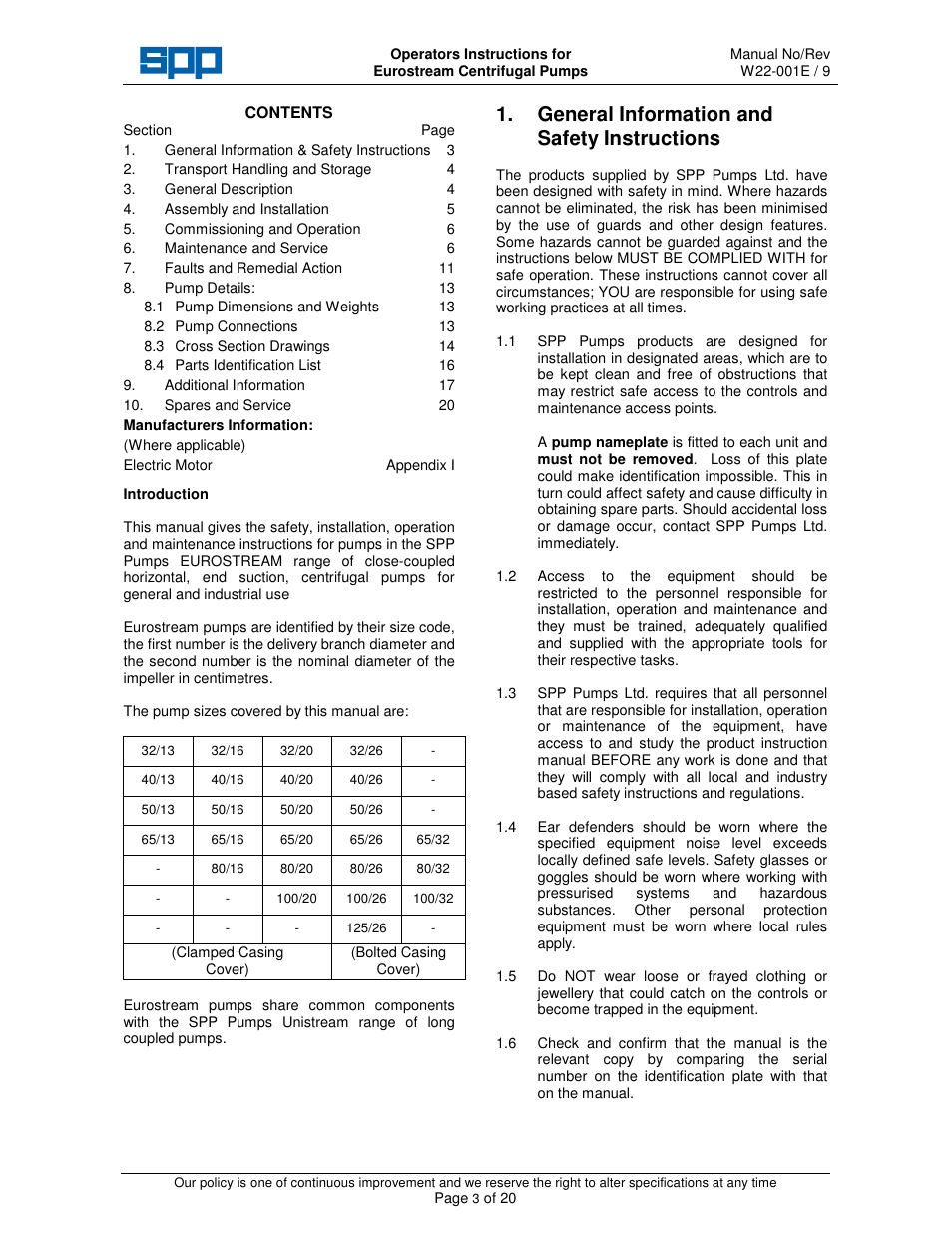 General information and safety instructions | SPP Pumps Eurostream User Manual | Page 3 / 20