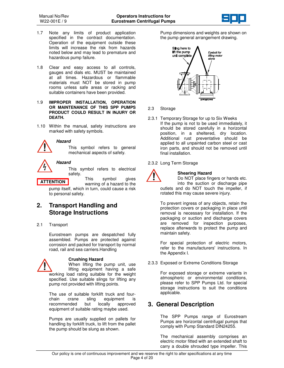 Transport handling and storage instructions, General description | SPP Pumps Eurostream User Manual | Page 4 / 20