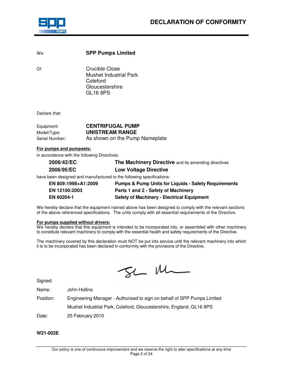 Declaration of conformity | SPP Pumps Unistream User Manual | Page 2 / 24