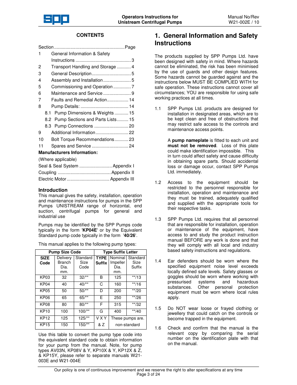General information and safety instructions | SPP Pumps Unistream User Manual | Page 3 / 24