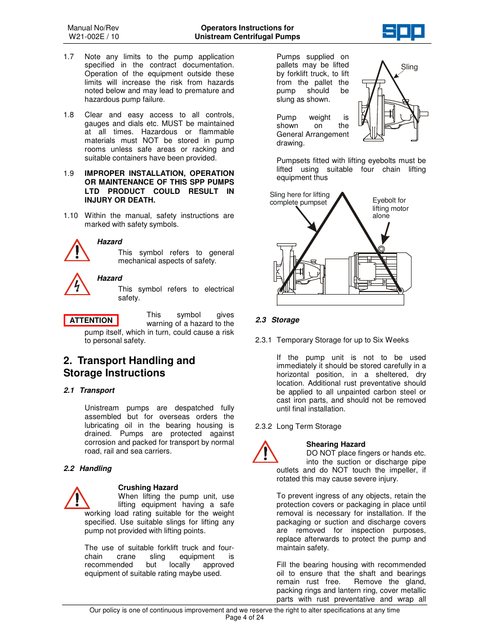 Transport handling and storage instructions | SPP Pumps Unistream User Manual | Page 4 / 24