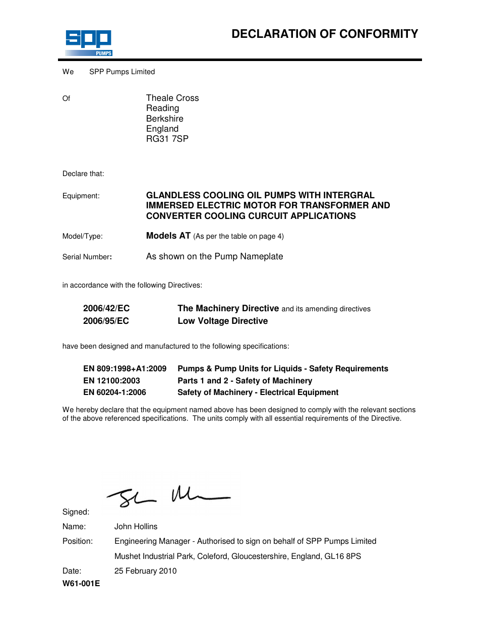 Declaration of conformity | SPP Pumps Transformer Oil Pumps User Manual | Page 2 / 16