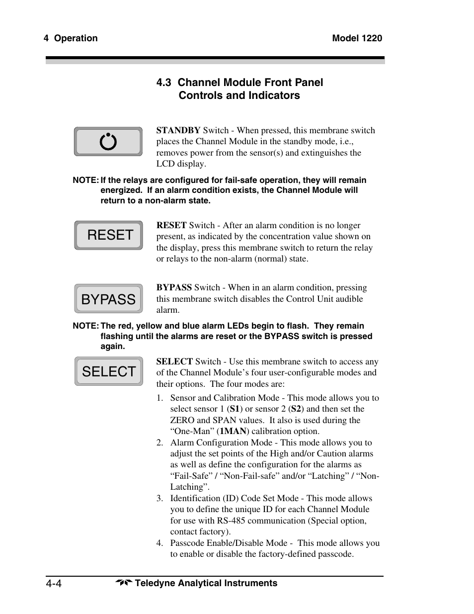 Reset bypass select | Teledyne 1220 - Multipoint flammable gas and vapor detection system User Manual | Page 32 / 50