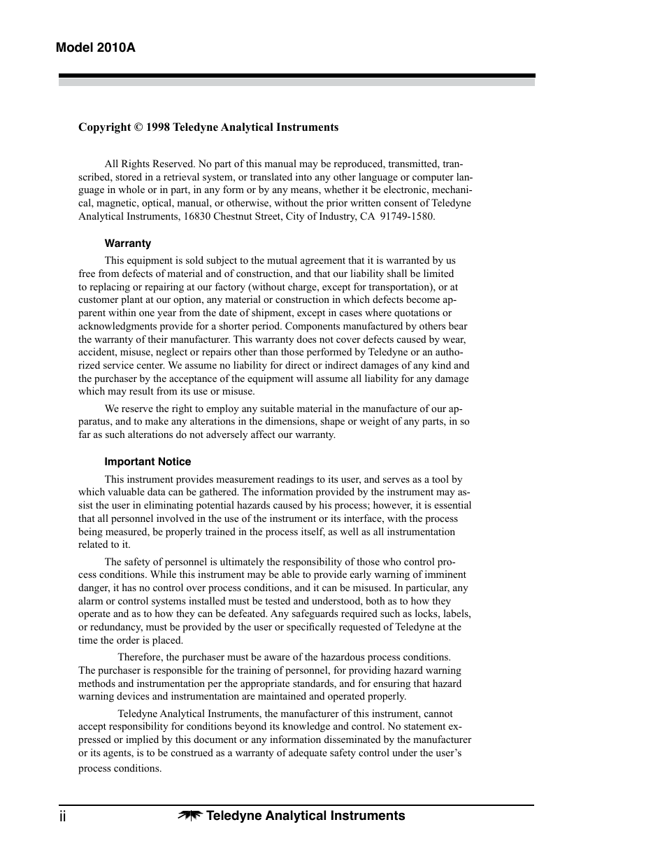 Teledyne 2010A - Split architecture thermal conductivity analyzer User Manual | Page 2 / 110