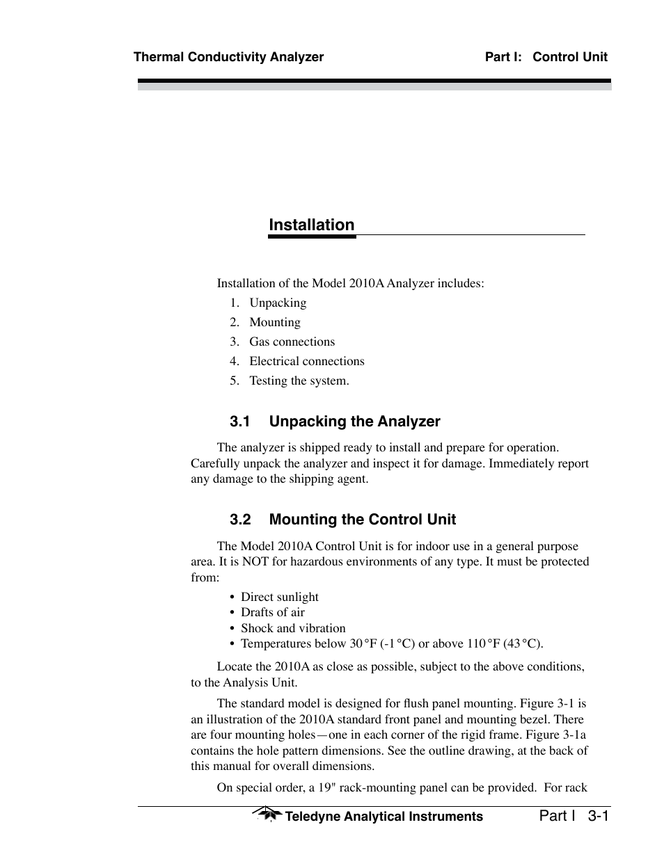 Installation | Teledyne 2010A - Split architecture thermal conductivity analyzer User Manual | Page 23 / 110