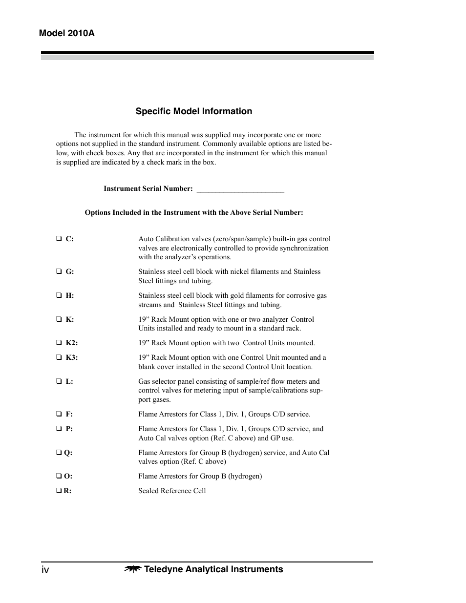 Teledyne 2010A - Split architecture thermal conductivity analyzer User Manual | Page 4 / 110