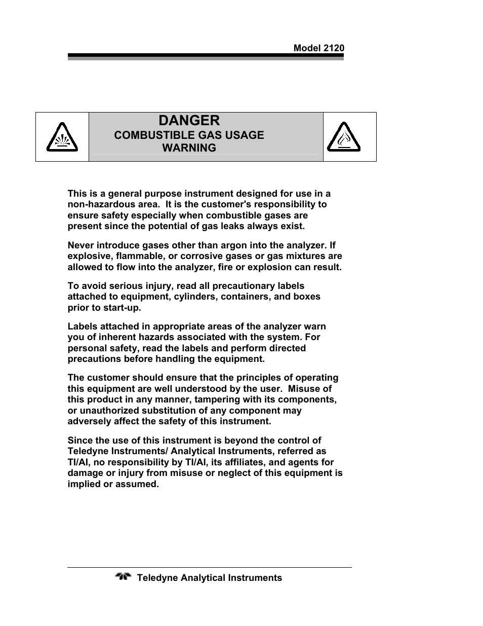 Danger | Teledyne 2120 - Trace Nitrogen in Argon Analyzer User Manual | Page 10 / 66